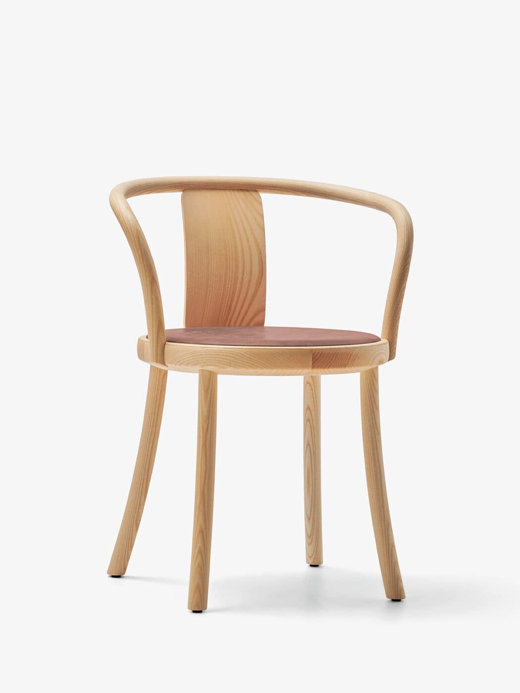 A modern dining armchair featuring a light-toned wooden frame and a padded brown leather seat. The chair's backrest and armrests are formed by a continuous, gracefully curved bentwood piece. It stands on four slender, tapered wooden legs that splay slightly outwards. — 3D model