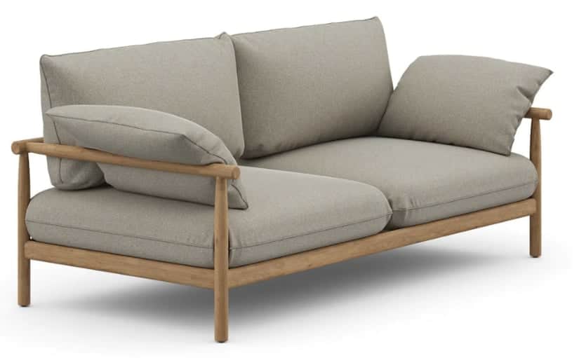 A contemporary two-seater loveseat featuring a robust, exposed wooden frame and plush, light grey fa… — 3D model