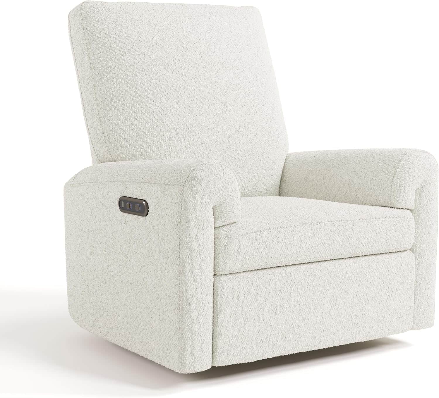 A modern power recliner upholstered in a textured, off-white fabric, featuring integrated controls o… — 3D model