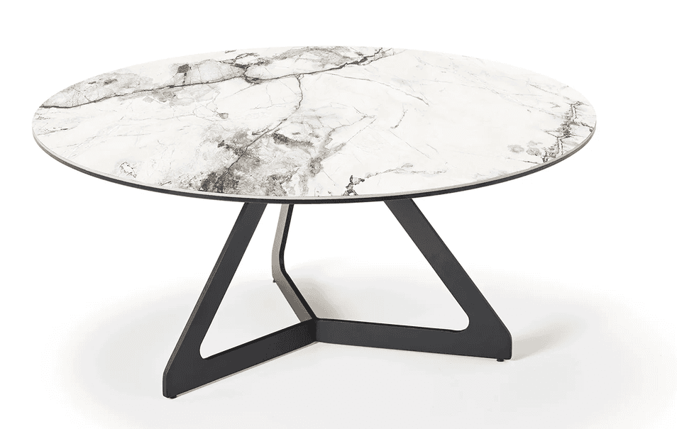 A contemporary round coffee table featuring a white tabletop with realistic grey and brown marble-li… — 3D model
