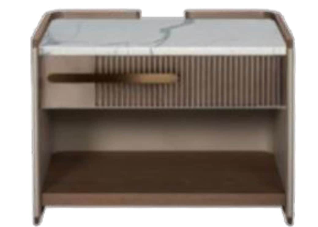 A modern nightstand featuring a white marble-patterned top surface, a fluted drawer front, and an op… — 3D model