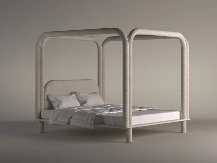 A modern canopy bed with a minimalist design. The frame is constructed with rounded tubular elements that form a four-poster structure. The headboard is subtly integrated and upholstered, complementing the overall soft aesthetic. The bed is dressed with white linens and pillows. — 3D model