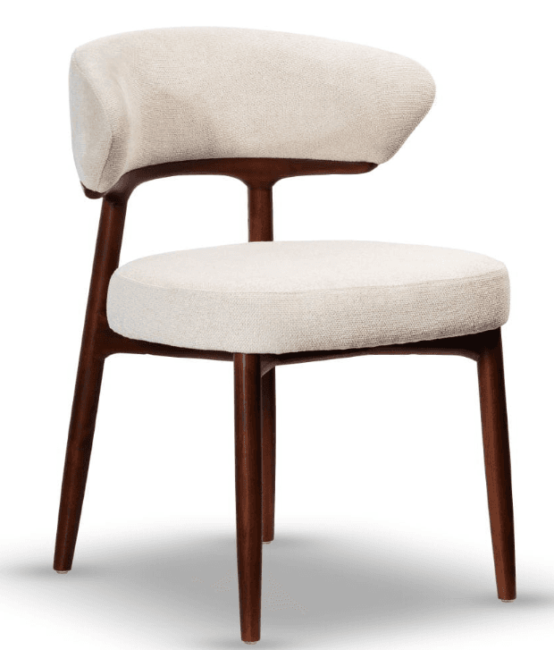 A contemporary dining chair featuring a dark brown wooden frame and light cream-colored textured fabric upholstery. The chair has a distinctive curved, open backrest that wraps around slightly, providing a subtle armrest effect. The seat is fully upholstered, and the four legs are tapered, contributing to a sleek silhouette. — 3D model