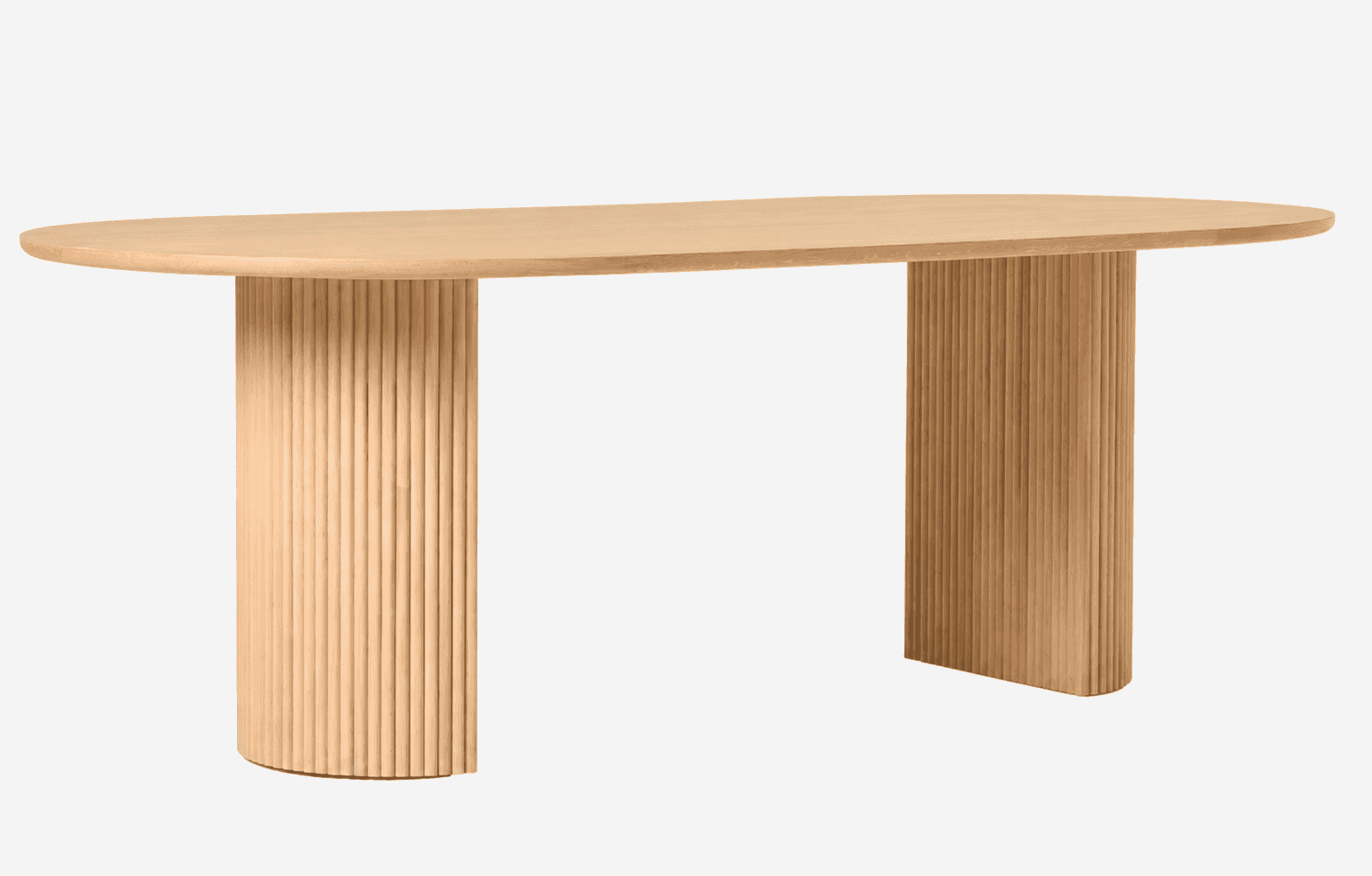 A contemporary light-toned wood table featuring an elongated oval or racetrack-shaped top supported… — 3D model