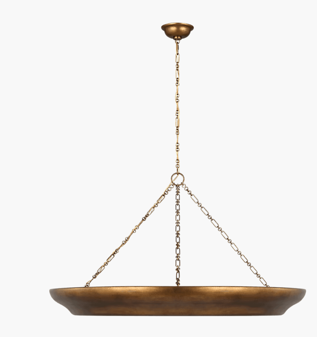 A brass-finished chandelier with a wide, shallow bowl-shaped pan supported by chains. The fixture is… — 3D model