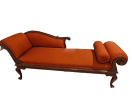 An opulent Regency style chaise lounge with a dark, polished wood frame and terracotta-colored fabric upholstery, featuring a single high backrest/armrest and a matching bolster pillow. — 3D model
