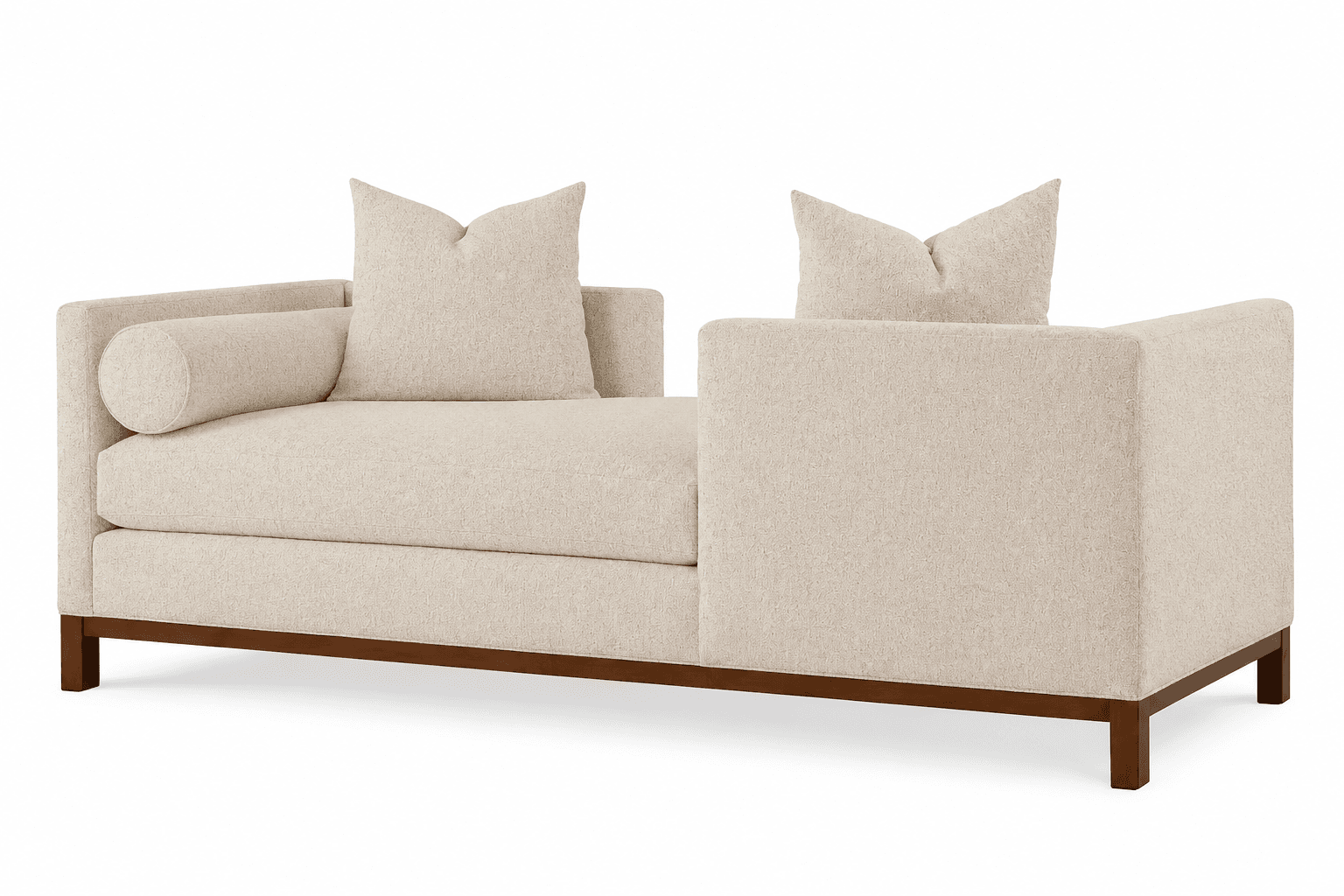 An upholstered daybed in a contemporary style, featuring a textured beige fabric, a partial backrest, a single cylindrical bolster armrest on the left, and an open right side. The daybed rests on a recessed dark wood base with block legs. — 3D model