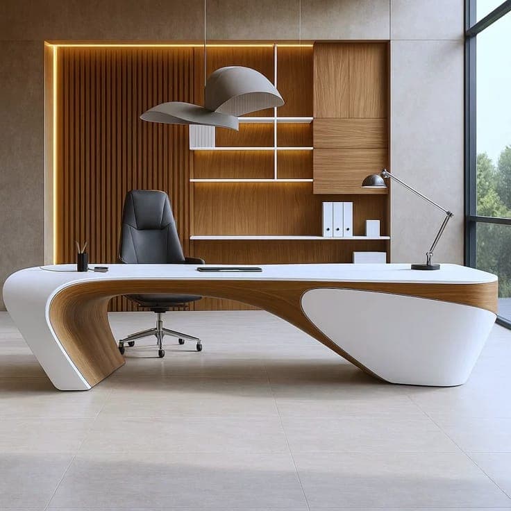A sleek, modern bench featuring a rectangular white seating surface that seamlessly transitions into a sculptural base. The base is crafted from a contrasting rich brown wood veneer, creating an organic, curved form that flows from the underside of the seat to the floor. The white surface appears to be a solid, smooth material, possibly a lacquered finish or laminate, while the wooden elements are visible on the underside and sides, emphasizing the bench's curvilinear design. — 3D model