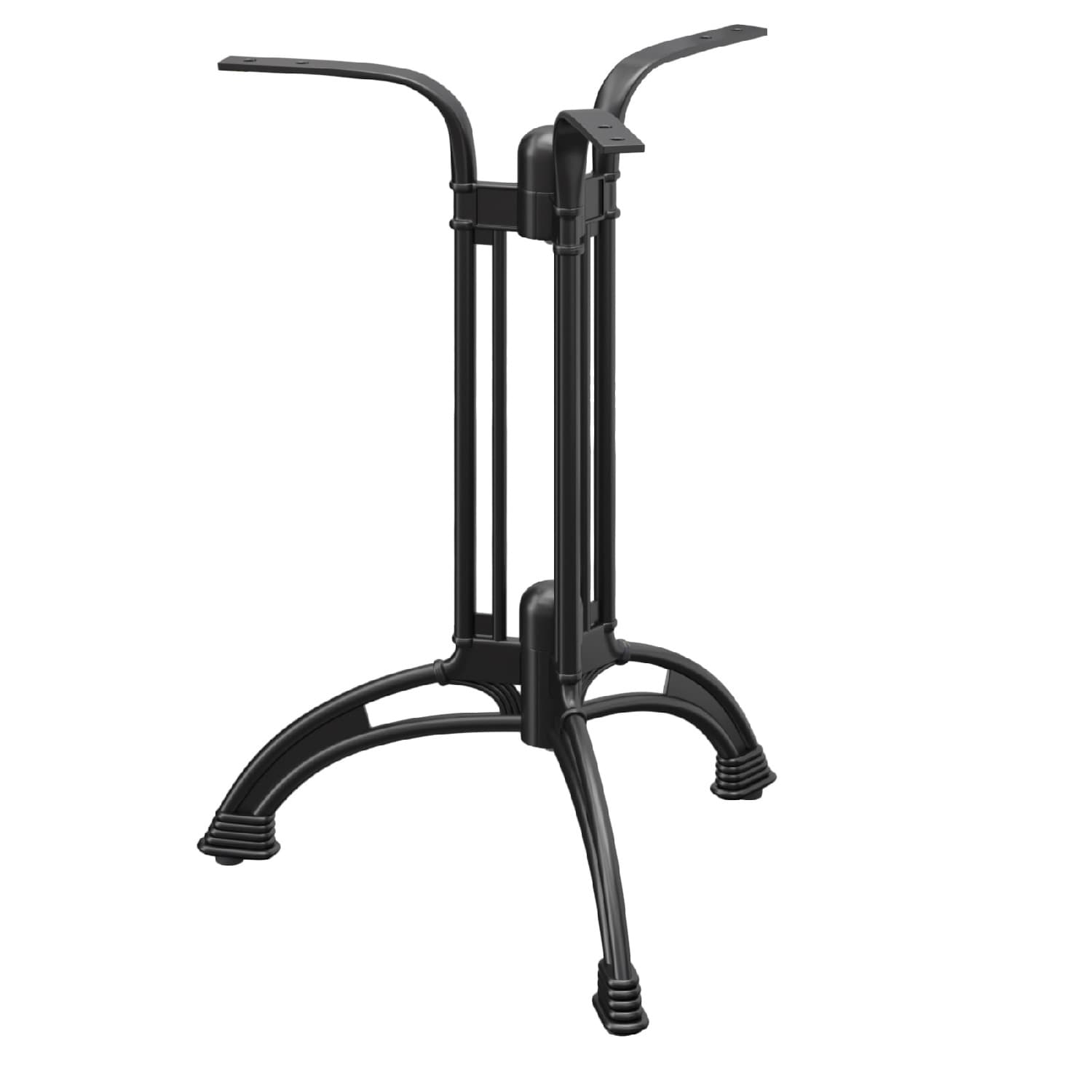 A robust, black cast metal pedestal table base designed to support a tabletop. It features a central column with several vertical bars for structural integrity, branching into three splayed, decorative legs at the bottom, each terminating in a ribbed foot. The top incorporates a four-arm spider bracket for secure tabletop attachment. — 3D model