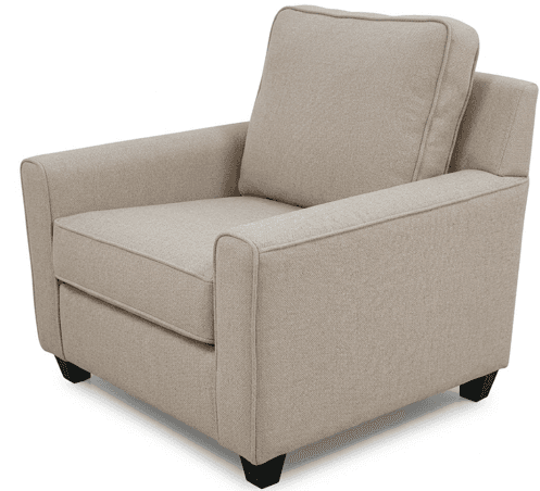 A contemporary upholstered armchair featuring straight track arms, a loose back cushion, and a removable seat cushion, all covered in a neutral beige fabric. It stands on four short, tapered block feet. — 3D model