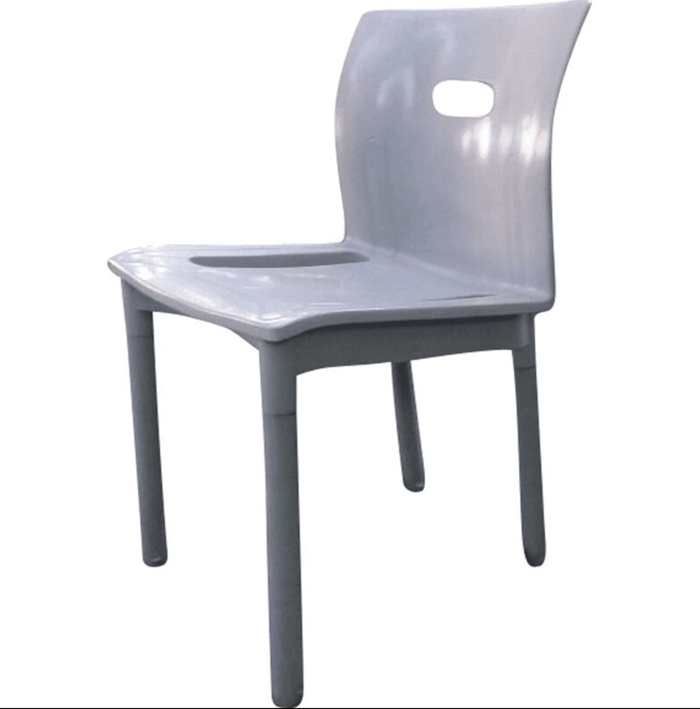 A light gray, armless chair made of molded plastic, featuring a curved backrest with a handle cutout and straight legs. — 3D model