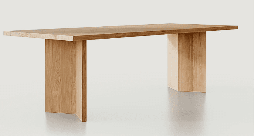 A rectangular dining table crafted from solid, light-toned oak wood, featuring a thick slab top supp… — free OBJ 3D model