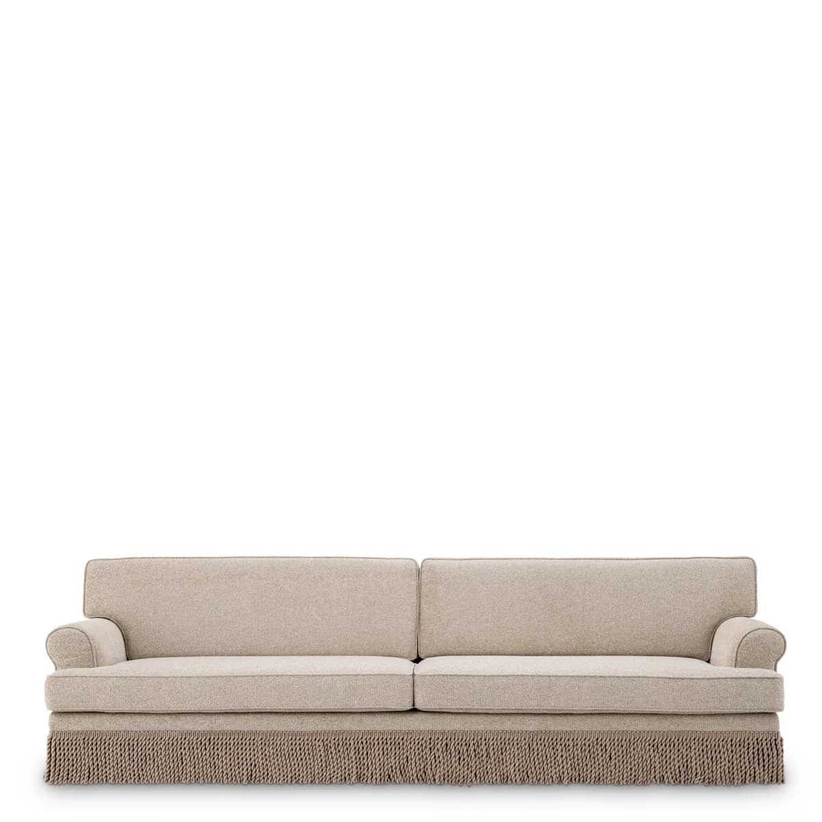 A sofa with a rolled arm on the left side and a straight armrest on the right side. It features a tufted back and seat cushions. The base of the sofa is adorned with a decorative fringe. — 3D model