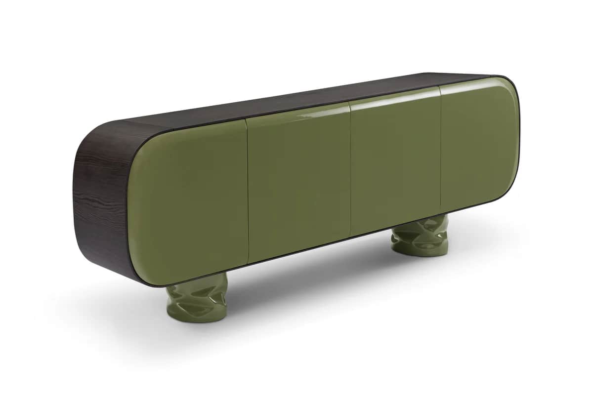 A contemporary sideboard featuring a dark wood-finished top and sides with distinct rounded ends, pa… — 3D model