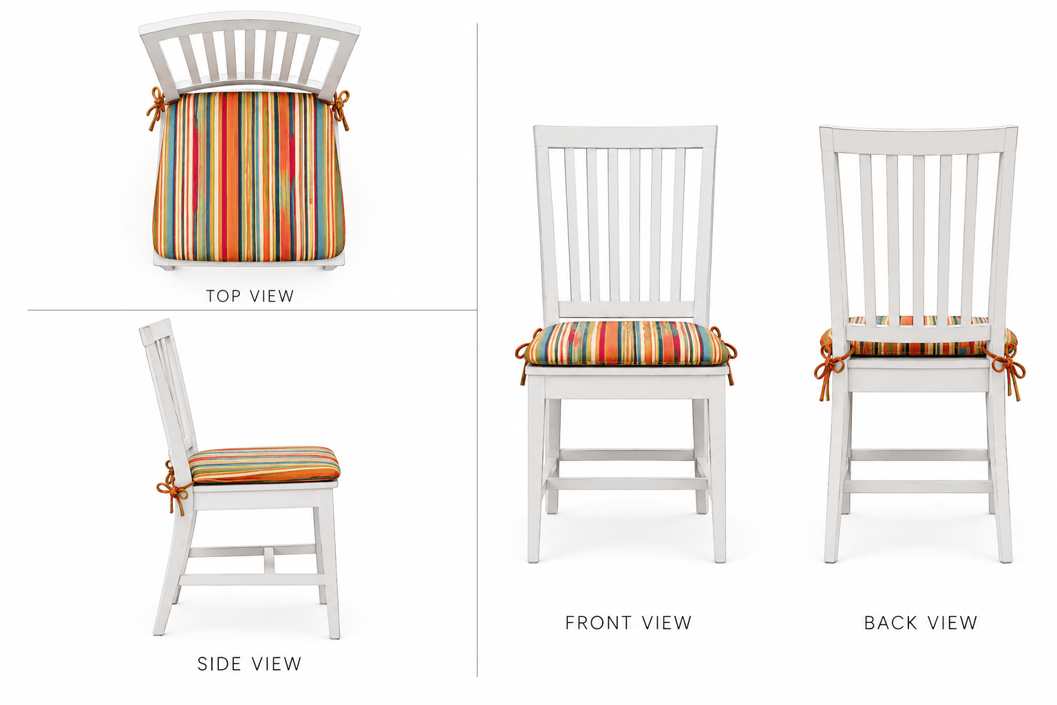 A white wooden dining chair featuring a tall slatted backrest and a rectangular seat. The chair has straight legs that slightly taper. A multi-colored striped fabric cushion is tied securely to the seat. The chair is presented from top, front, side, and back views against a white background. — 3D model