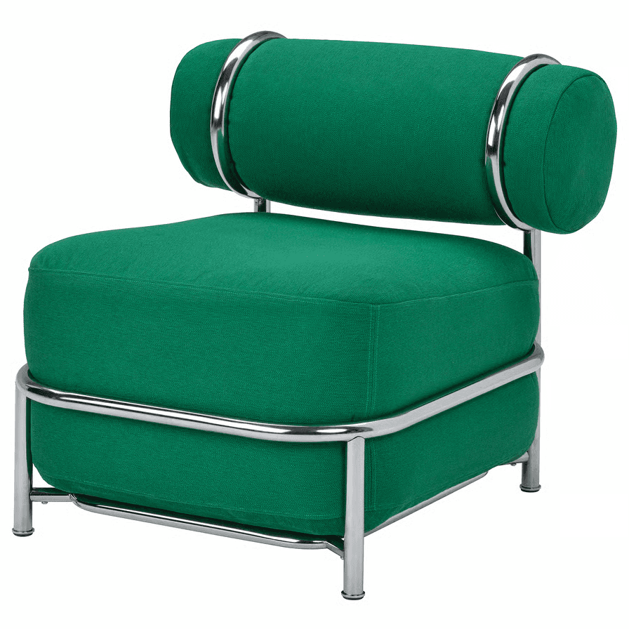 A modern armchair with a robust cylindrical backrest and a square seat. The frame is constructed from polished chrome, supporting the upholstered elements. The upholstery is a textured, vibrant green fabric. The design is characterized by clean lines and a minimalist aesthetic with tubular metal accents. — 3D model