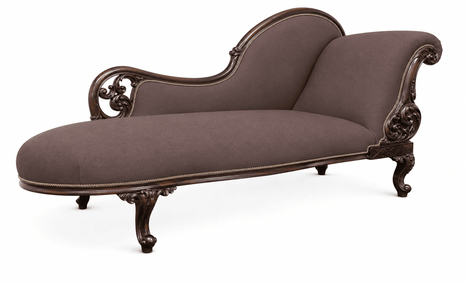 A richly carved dark wood chaise lounge upholstered in a textured brown fabric. The piece features elaborate scrollwork and acanthus leaf motifs on the legs and armrest supports. A decorative cord trim outlines the upholstery. — 3D model