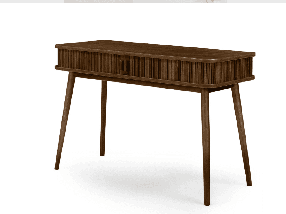 A dark wood console table with a rectangular top and four tapered legs. The front of the table features a fluted design and a central drawer with a vertical handle. The overall design suggests a mid-century modern aesthetic. — 3D model