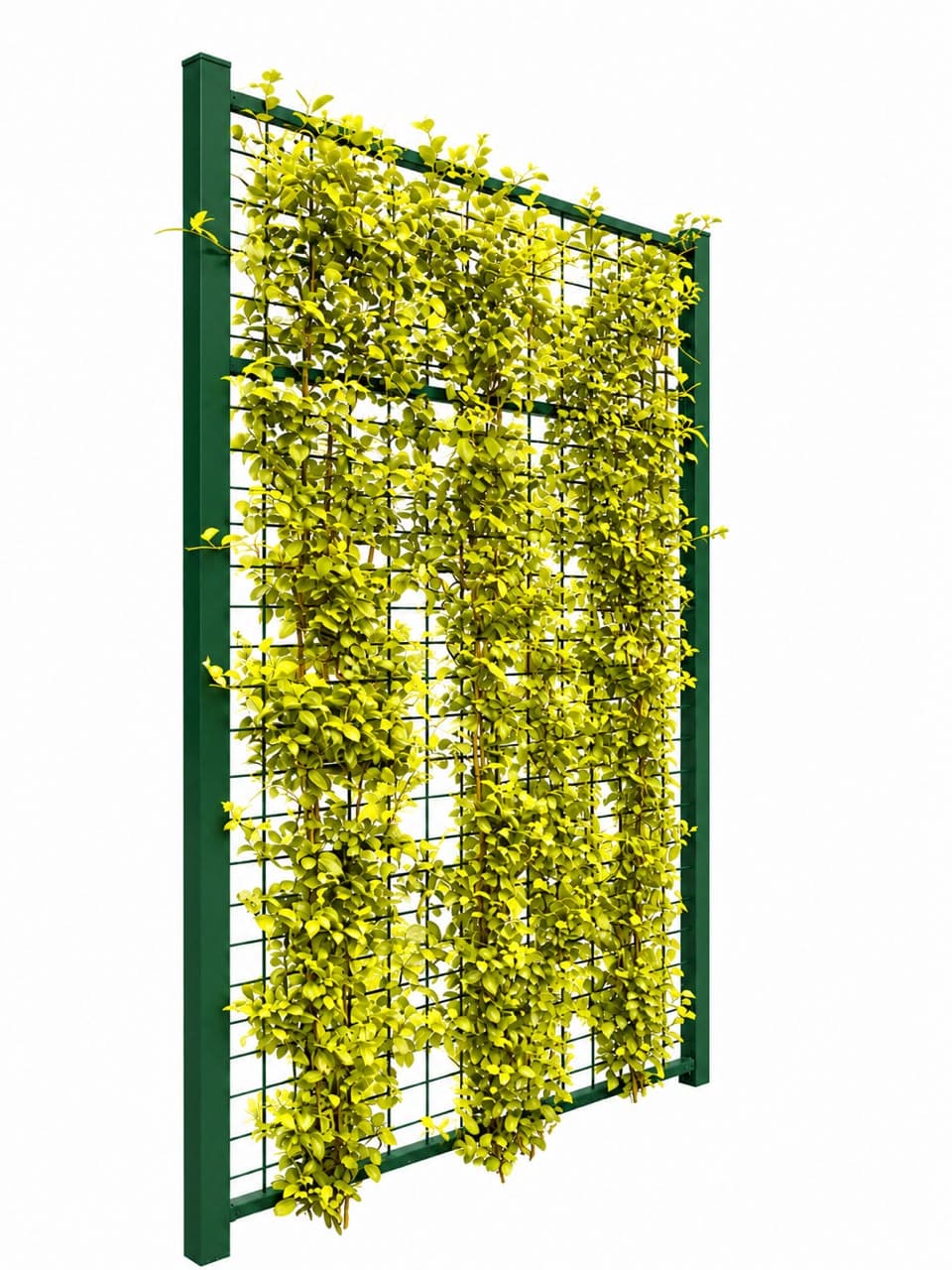 A tall, rectangular panel featuring a dark green metal frame and a grid trellis, completely covered with bright green and yellow artificial foliage. The panel is depicted freestanding, suggesting its use as a decorative screen or vertical garden element. The design is simple and modern, emphasizing the biophilic aesthetic provided by the dense plant cover. — 3D model