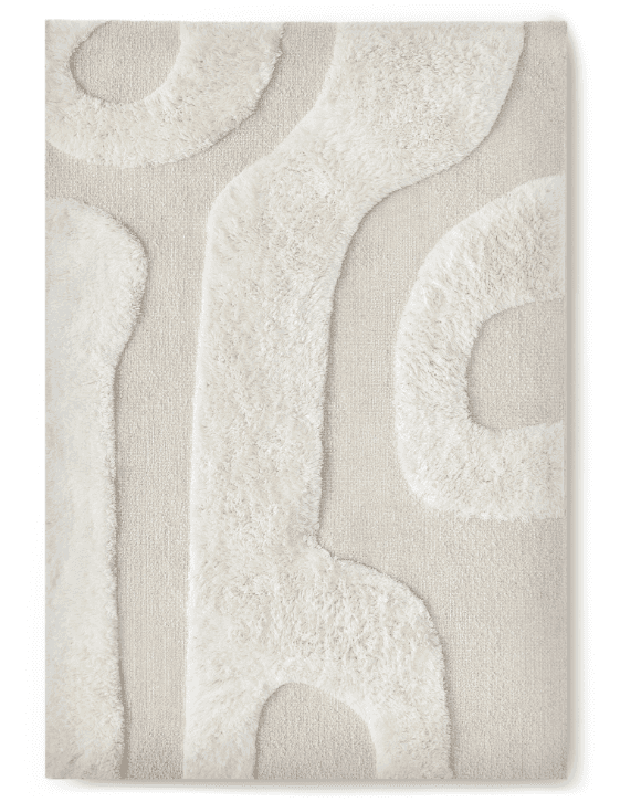 A rectangular area rug featuring a two-tone cream and beige color palette with an abstract, organic… — 3D model