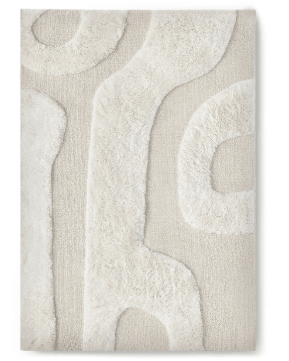 A rectangular area rug featuring a two-tone cream and beige color palette with an abstract, organic pattern created by varying pile heights and textures. — 3D model
