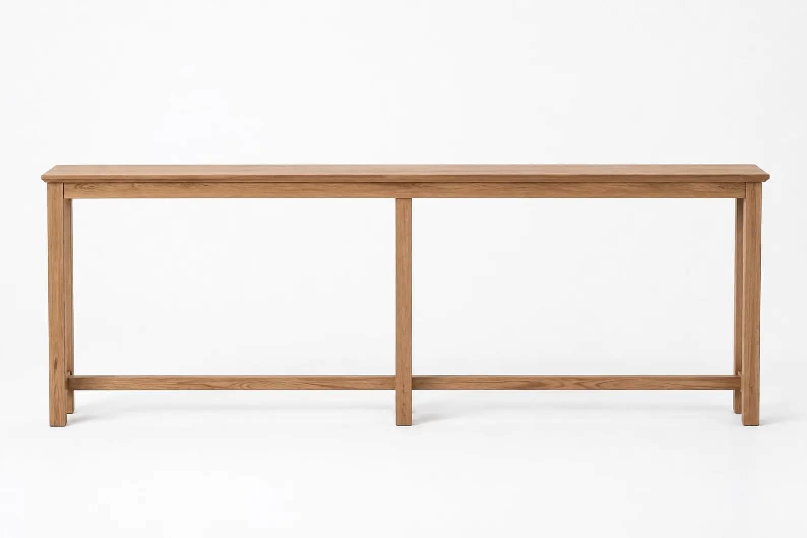A long, narrow rectangular table made of light-toned solid wood, featuring a minimalist design with… — 3D model