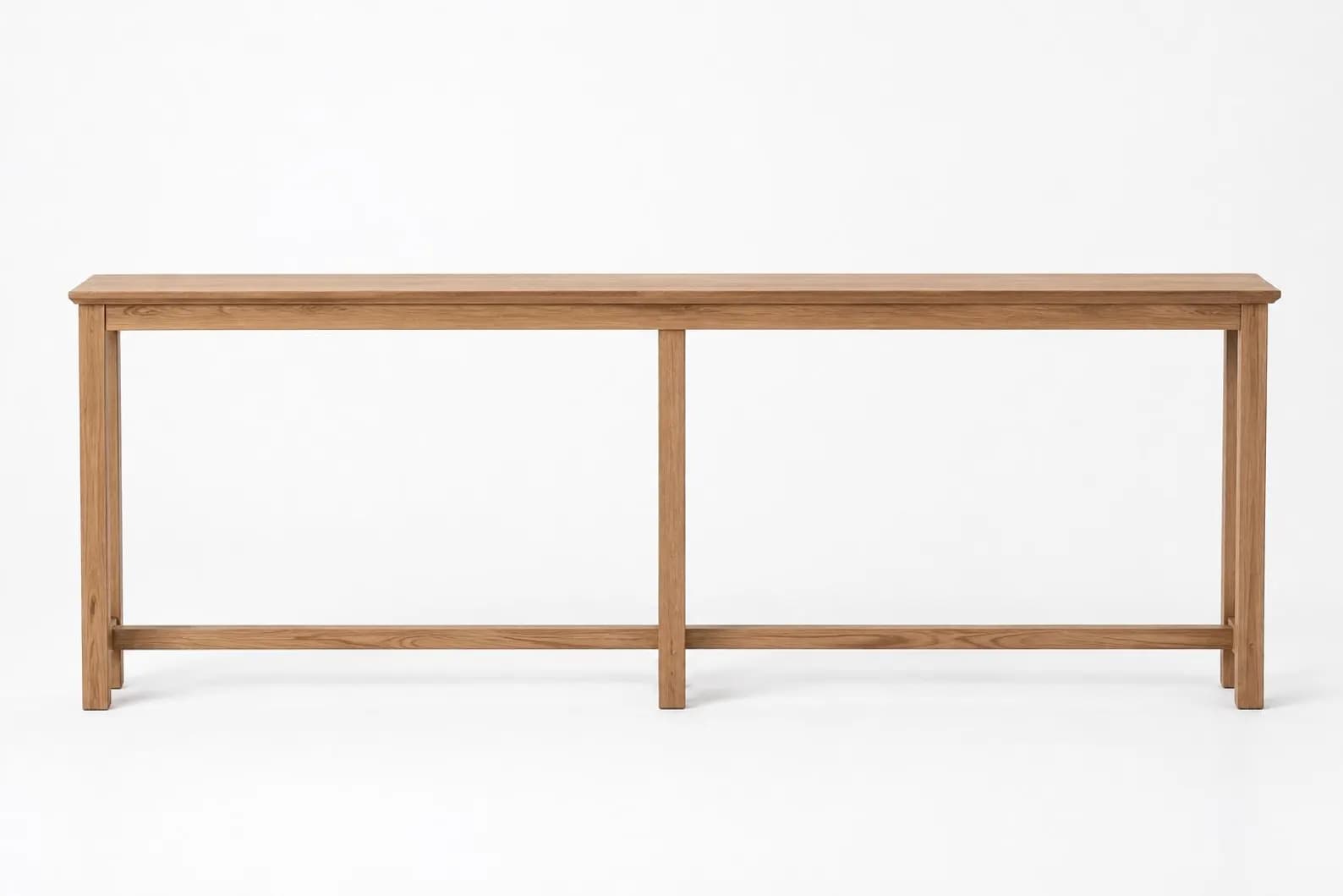 A long, narrow rectangular table made of light-toned solid wood, featuring a minimalist design with a clean tabletop and a sturdy leg structure including a central vertical and horizontal stretcher. — 3D model