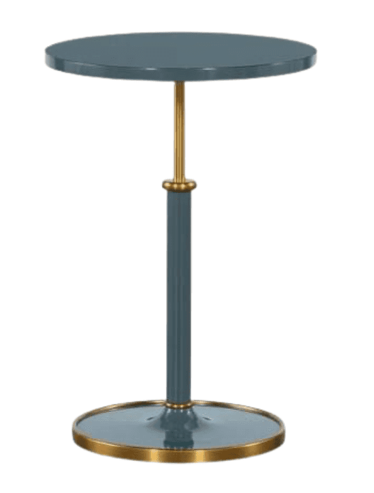 A modern adjustable height side table with a round, lacquered teal tabletop and a pedestal base. The… — 3D model
