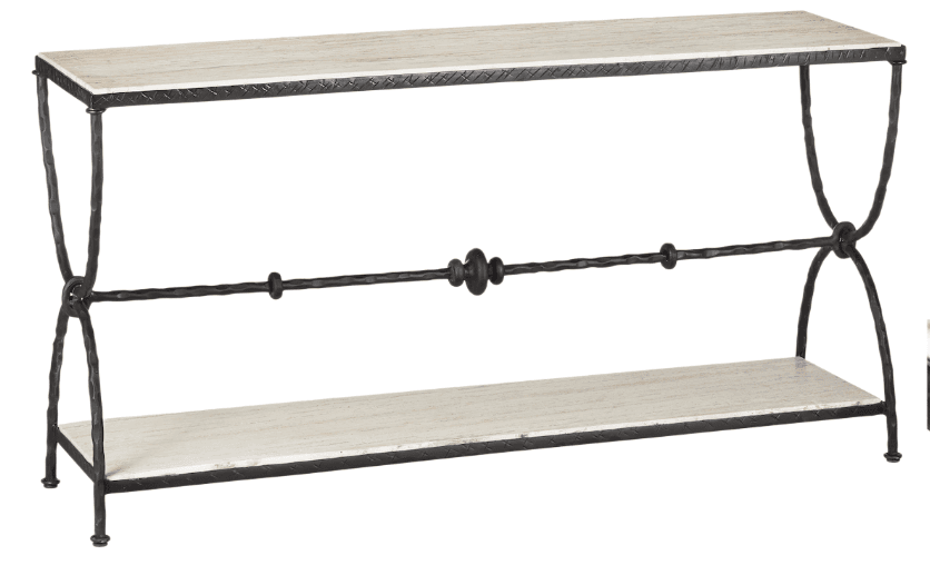 A rectangular, two-tiered console table featuring a robust forged iron frame and two light-colored travertine stone tops. The iron frame exhibits a distinctive hammered texture and a dark, matte finish. The legs are designed with an elegant 'X' shape at the ends, joined by a central stretcher bar adorned with decorative turned elements. The top and bottom shelves are composed of solid travertine slabs, displaying natural veining and a light, earthy hue. — 3D model