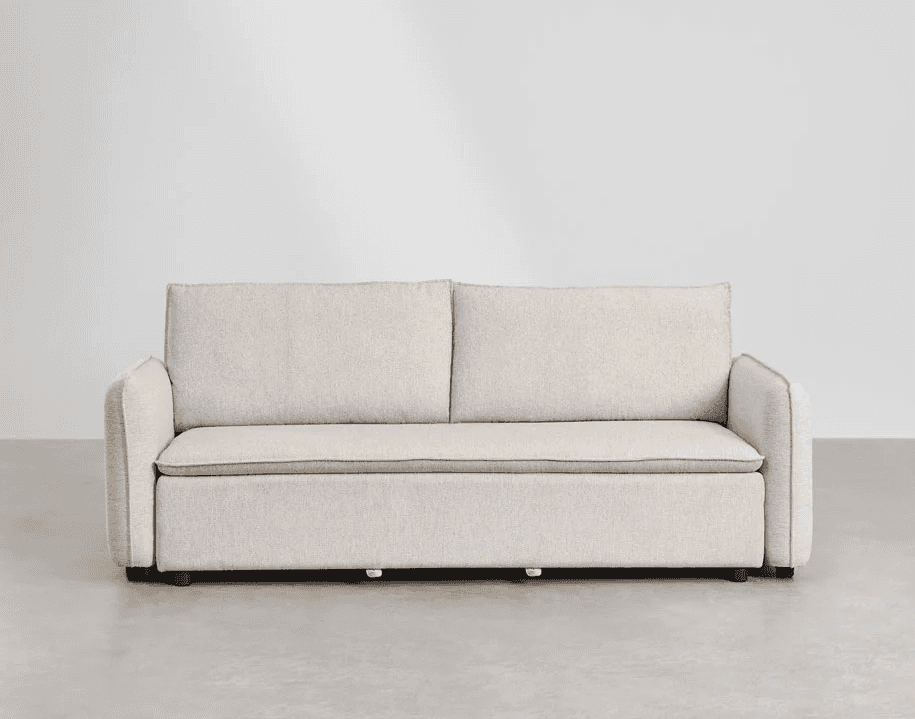 A contemporary three-seater sofa with a neutral-toned upholstered finish. The sofa features two back… — free GLTF 3D model