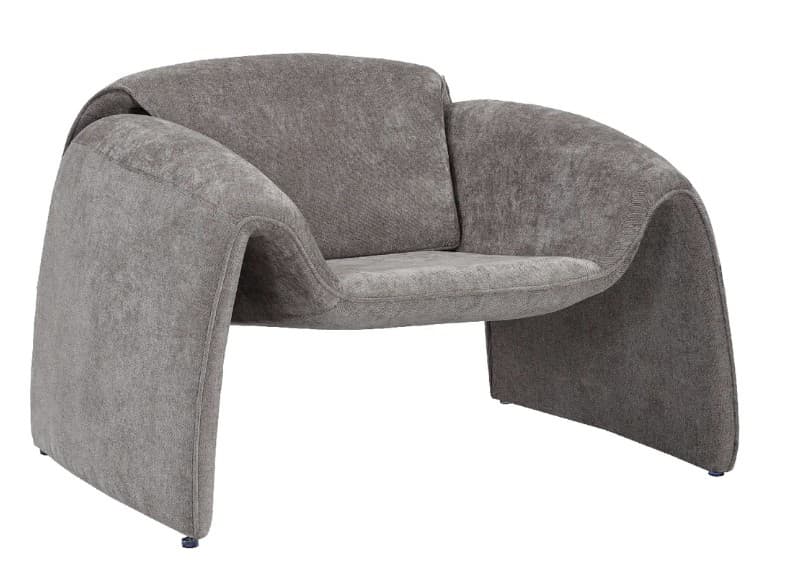 A contemporary armchair with a sculpted, flowing design. The chair features a deep, comfortable seat and a high back that curves into integrated armrests. The base is formed by two substantial, curved legs that extend from the seat structure, providing a unique silhouette. The upholstery appears to be a textured fabric. — 3D model