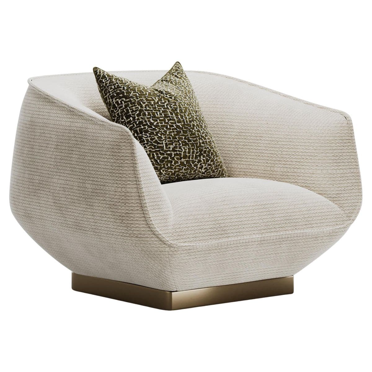 A contemporary armchair with a sculptural, rounded silhouette. The armchair features a high back that curves into the armrests, creating an enveloping form. It is upholstered in a textured, light-colored fabric and includes a decorative throw pillow with an abstract pattern in shades of green and white. The chair is supported by a low-profile, rectangular base with a metallic finish. — 3D model