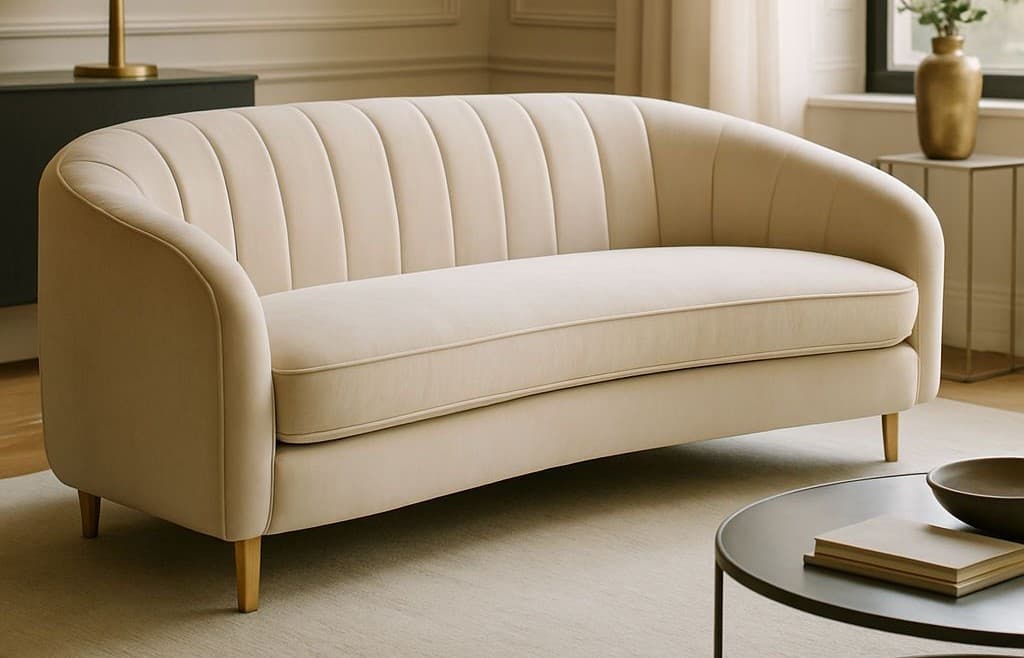 A contemporary loveseat featuring a gracefully curved silhouette, upholstered in a cream or light beige fabric. The backrest is distinguished by vertical channel tufting, and the arms flow smoothly into the back. It rests on slender, tapered wooden legs. — 3D model
