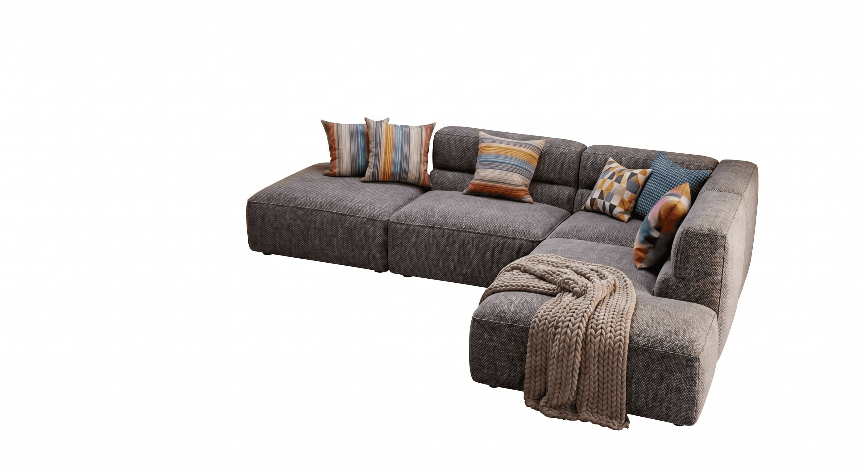 A contemporary modular L-shaped sectional sofa upholstered in a textured grey fabric. It features deep seats, integrated low armrests, and is accessorized with several colorful, patterned throw pillows and a chunky knit blanket. — 3D model