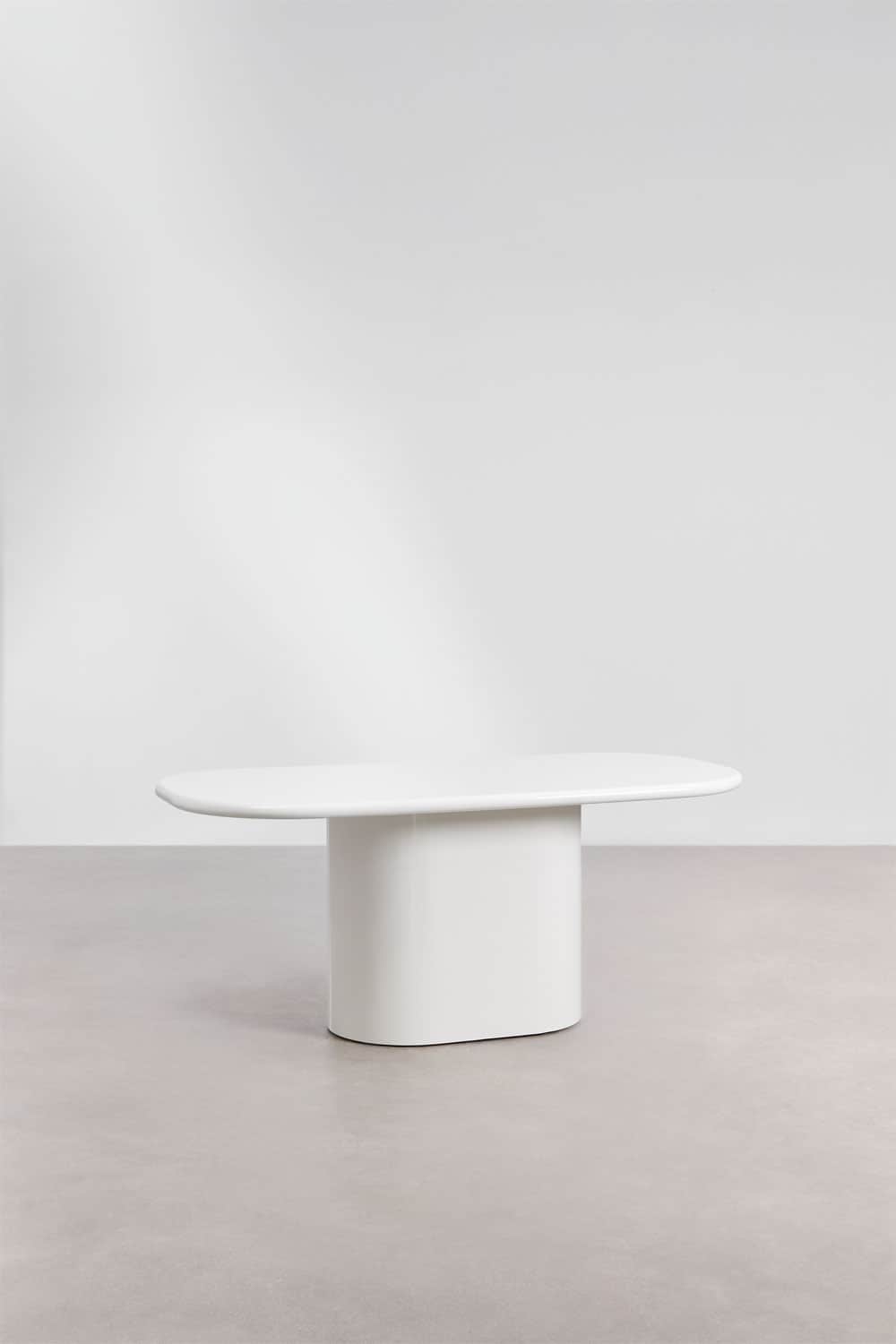 A white minimalist coffee table with a capsule-shaped tabletop and a central, pill-shaped pedestal b… — free GLB 3D model
