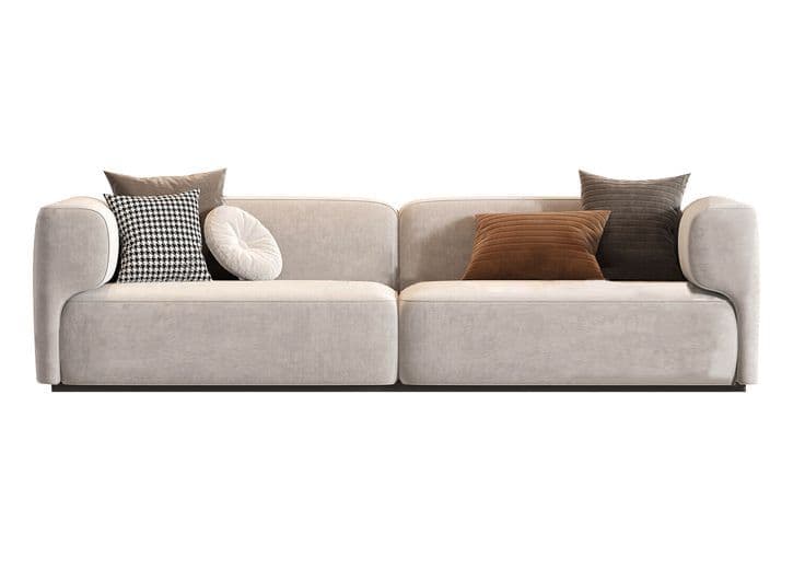 A contemporary upholstered sectional sofa featuring a modular design with rounded arms and a low back, presented with decorative throw pillows. — 3D model