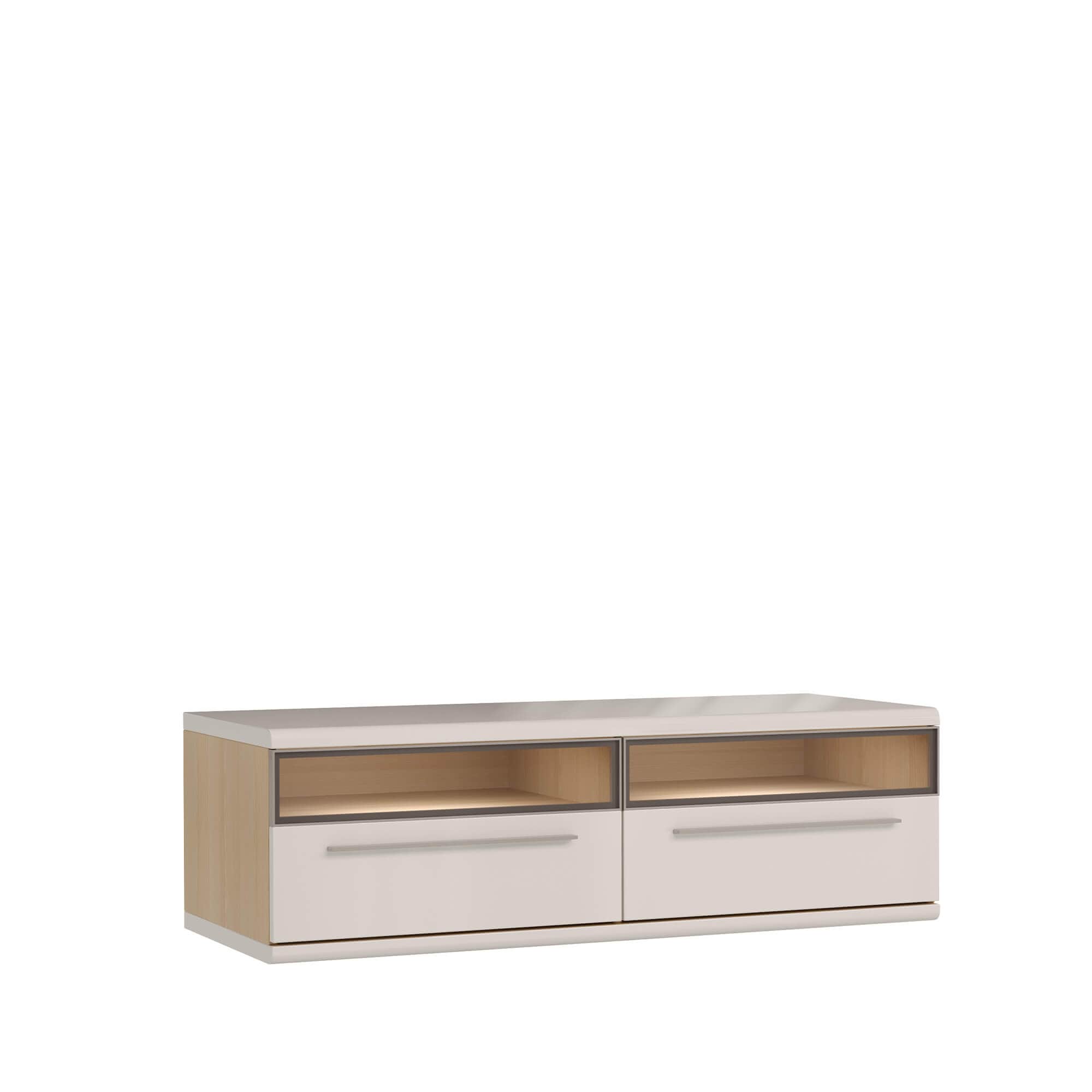 A modern, low-profile TV stand featuring a light wood grain finish on the sides and a matte off-whit… — 3D model
