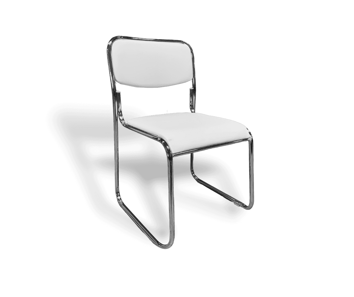 A contemporary cantilever chair featuring a polished chrome-plated tubular steel frame and white uph… — free STL 3D model