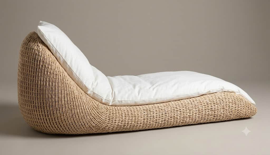 A contemporary chaise lounge featuring a curved, low-profile base meticulously crafted from tightly… — 3D model