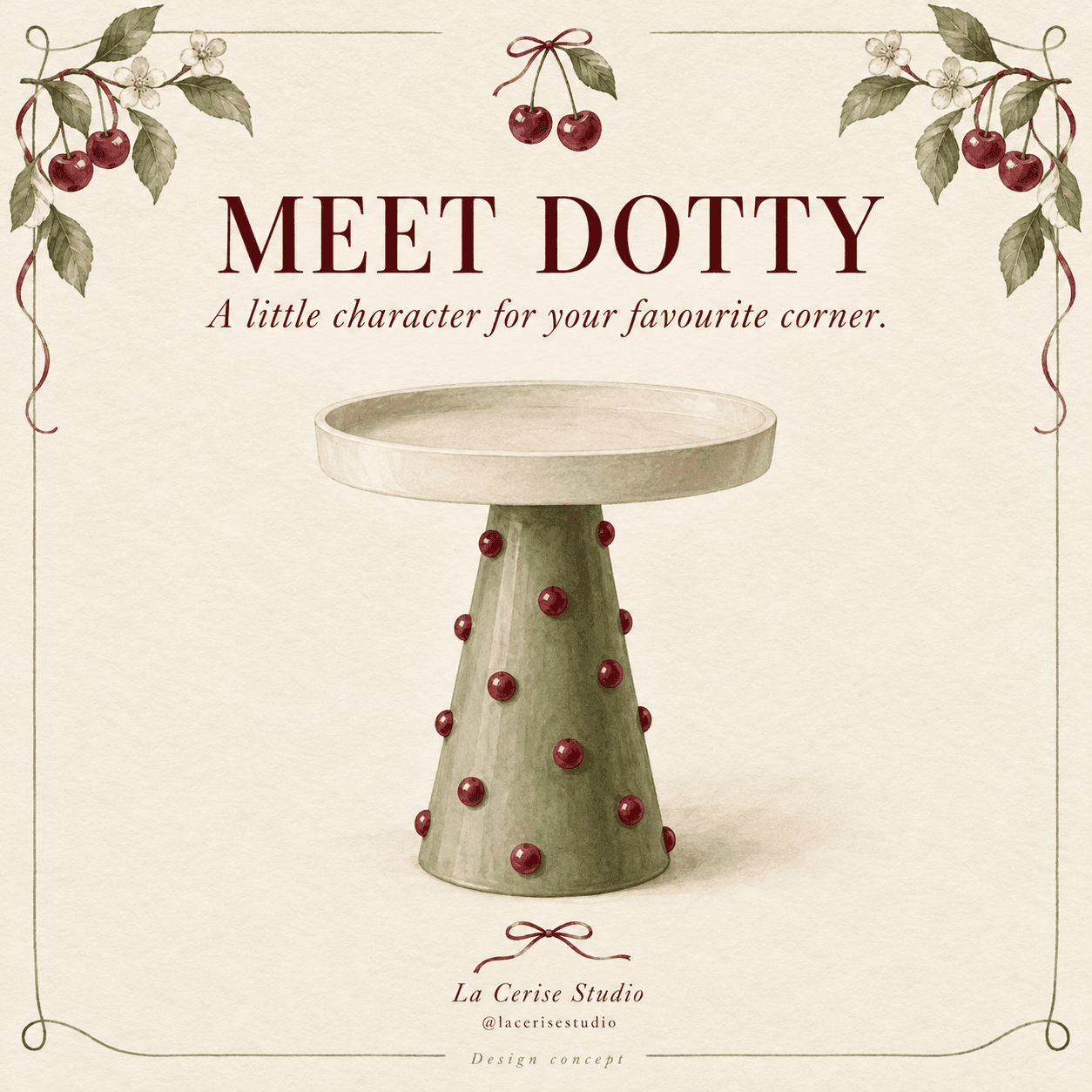 A small pedestal accent table featuring a conical, olive-green base adorned with numerous round, red… — 3D model