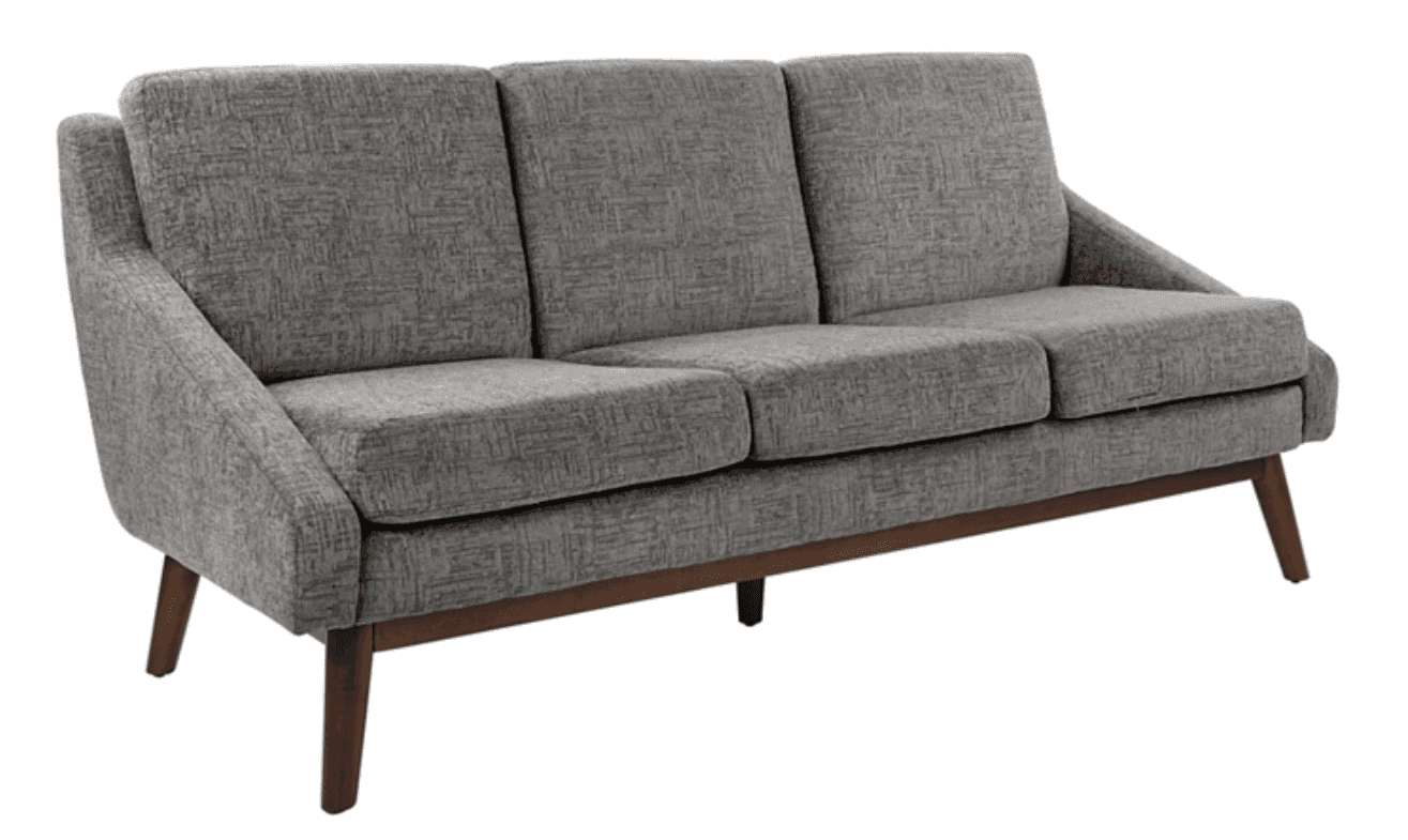 A contemporary three-seater sofa upholstered in a light grey textured fabric, featuring a visible da… — 3D model
