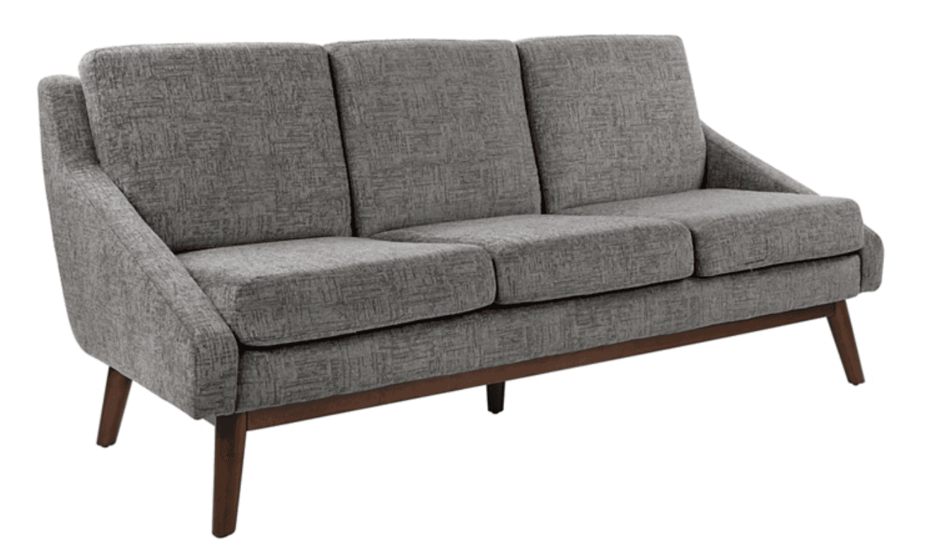 A contemporary three-seater sofa upholstered in a light grey textured fabric, featuring a visible dark wood frame and tapered wooden legs. It has three separate back cushions and three seat cushions, with gently sloped arms integrated into the overall structure, indicative of a Mid-Century Modern design. — 3D model