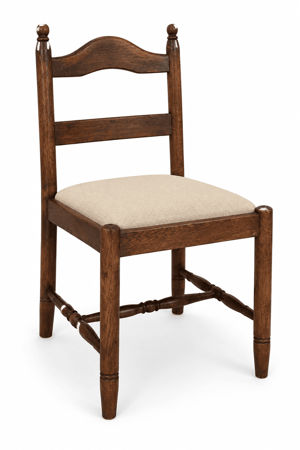 A traditional wooden dining chair featuring a dark brown finish and a light beige upholstered seat. The chair has a shaped top rail, two horizontal back slats, and turned front and rear legs with spherical finials on the back posts. Turned stretchers connect the legs, providing stability. — 3D model
