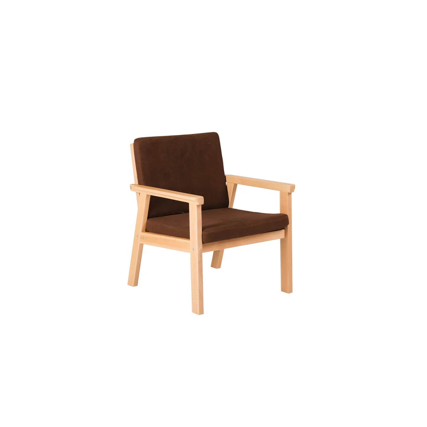A modern armchair with a light-colored wooden frame and dark brown upholstered seat and back cushions. The armchair features a clean, minimalist design with straight lines and visible wooden joinery. The arms are integrated into the frame. — 3D model