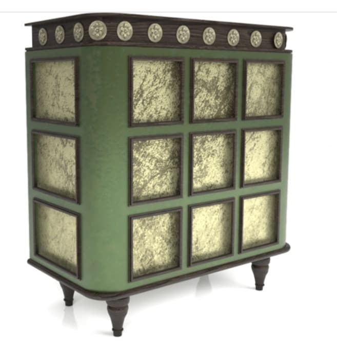 A decorative accent cabinet featuring a rounded green body, dark wood trim, and a grid of gold textured panels. The top is adorned with a dark wood fascia featuring decorative silver-toned medallions. It stands on four ornate turned feet. — 3D model