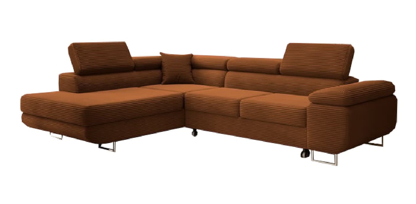 A modular sectional sofa with a chaise lounge extension. The upholstery features a prominent horizontal ribbed texture. It has adjustable headrests and metal legs. — 3D model