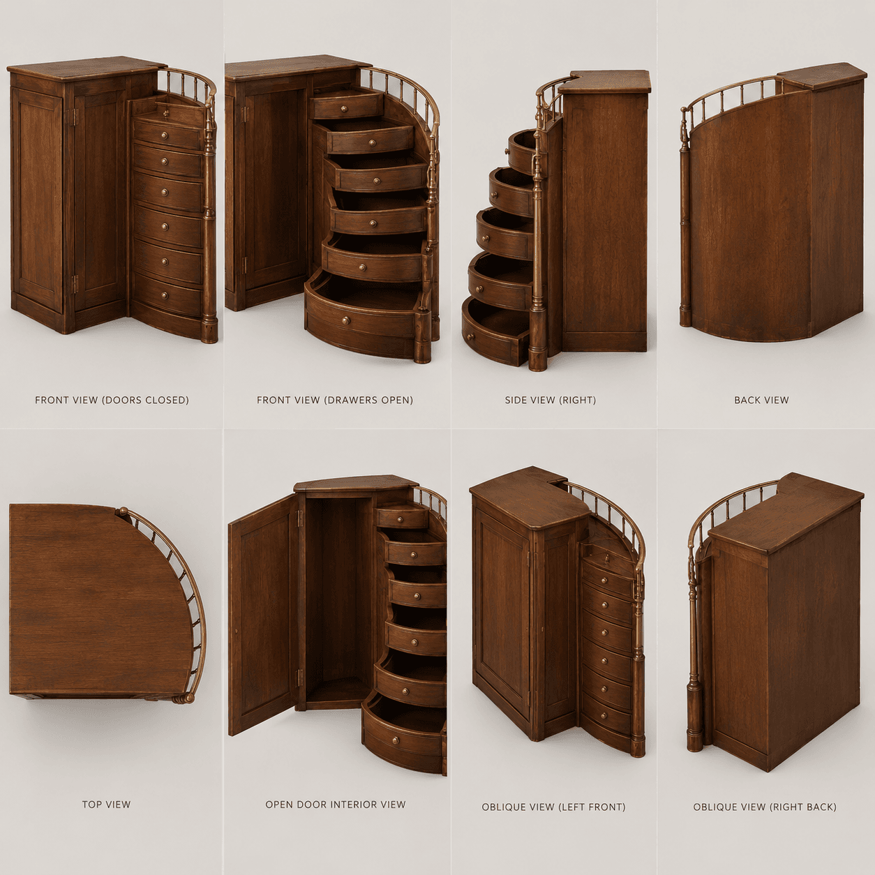 A unique cabinet featuring a rectangular main section and a curved, spiral-style drawer unit. The spiral section contains multiple semi-circular drawers that open outwards, creating a helical arrangement. A brass rail acts as a balustrade along the top edge of the curved section. The primary material is dark wood, with brass drawer pulls and accents. The main rectangular section also includes a door, revealing an internal storage compartment. — 3D model