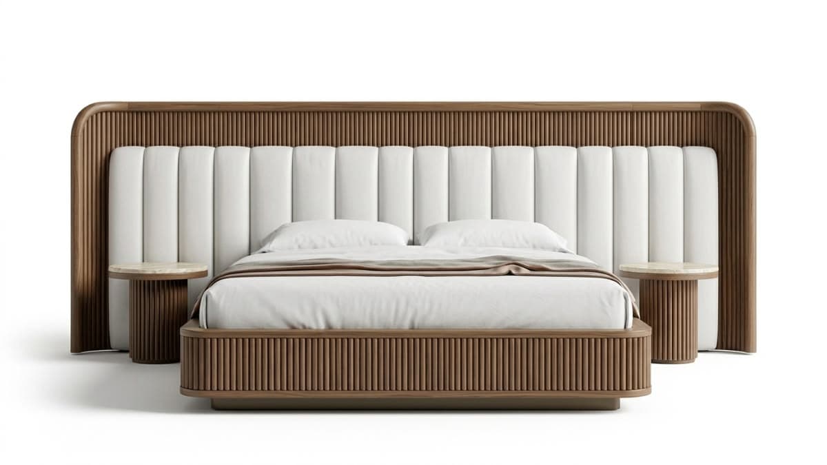 A contemporary platform bed featuring a wide, rounded headboard with fluted dark wood detailing that frames a central white channel-tufted upholstered panel. The bed frame itself also has fluted wood sides. Integrated circular nightstands with light marble tops are seamlessly attached to the wider headboard. — 3D model