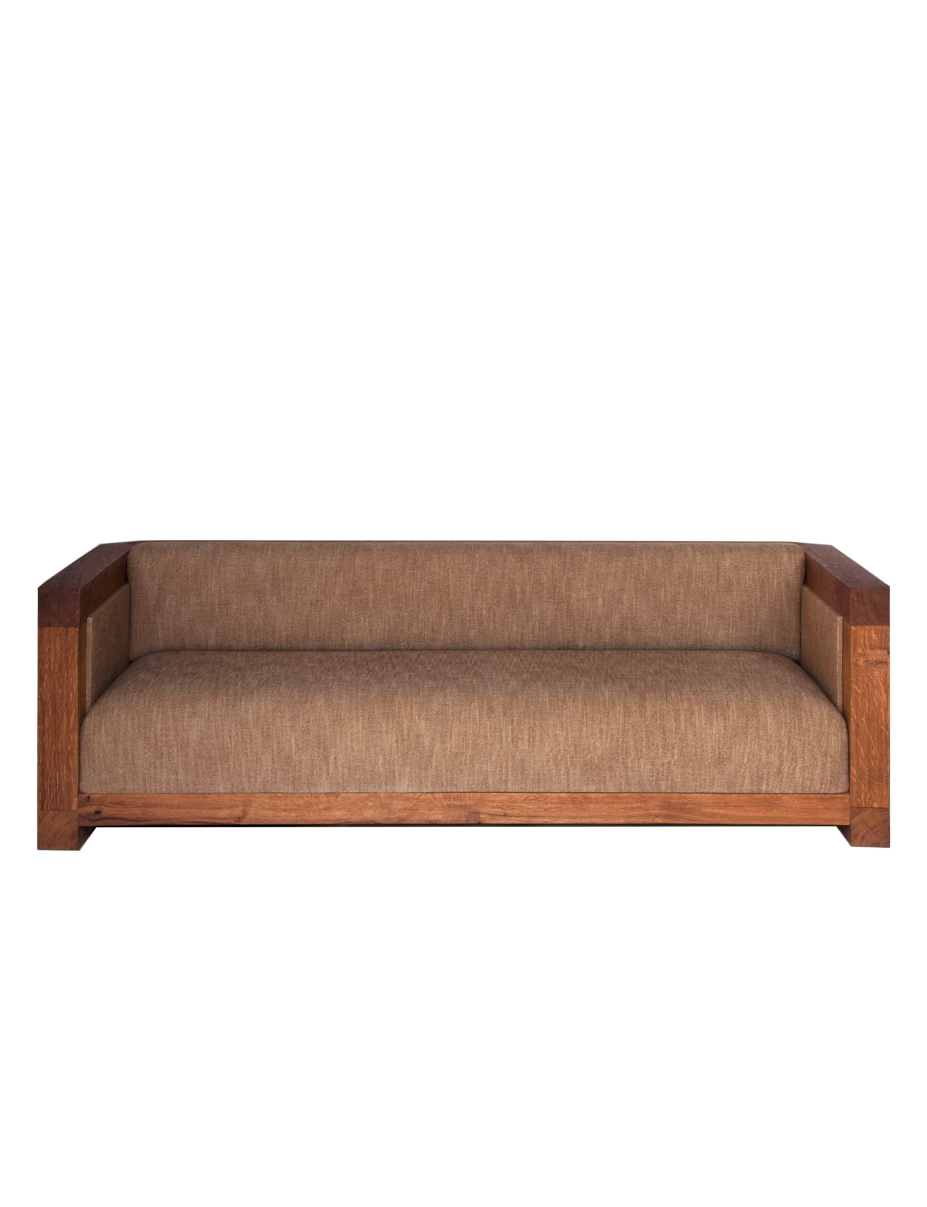 A three-seater sofa with a solid wood frame and upholstered cushions. The frame has a visible grain… — 3D model