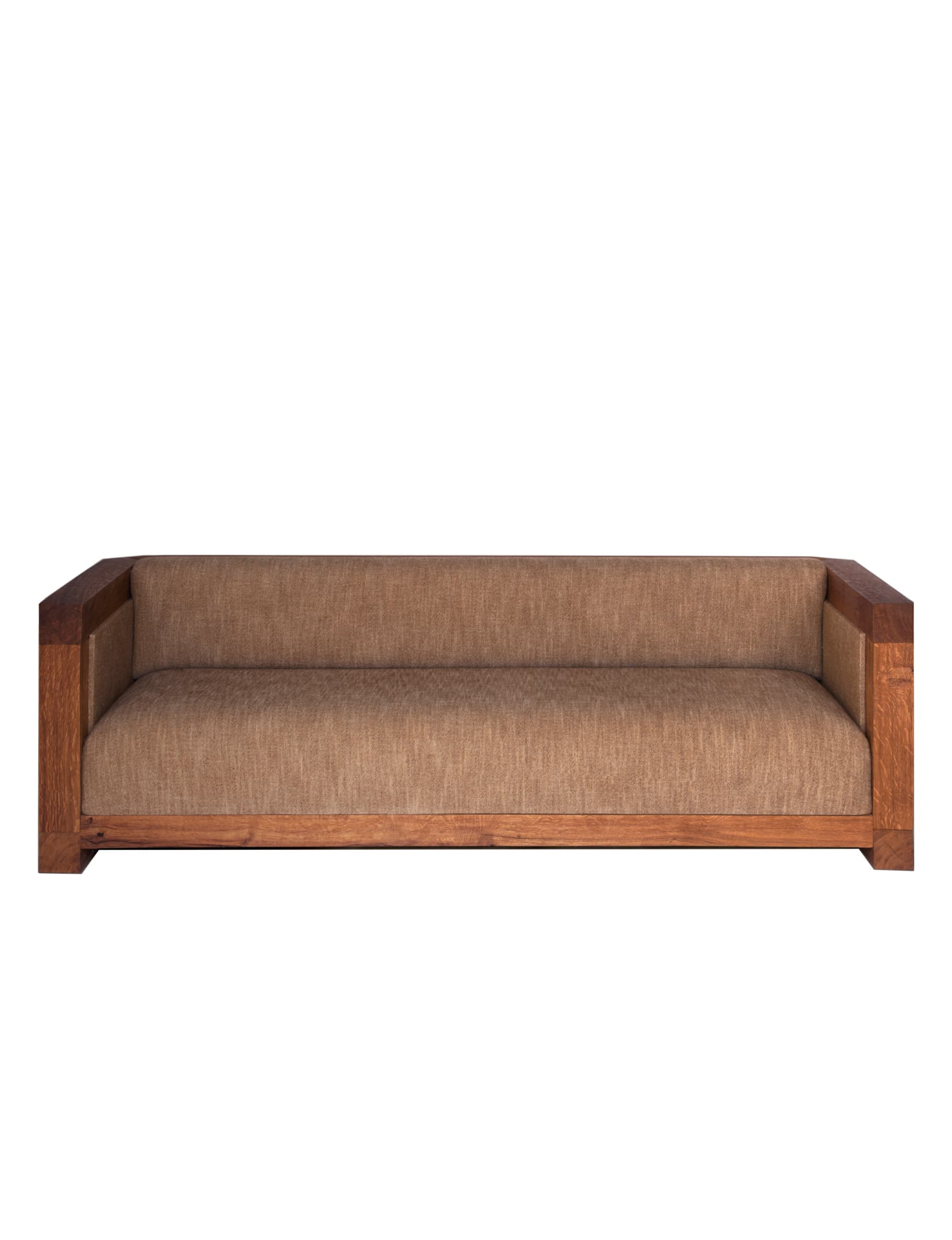 A three-seater sofa with a solid wood frame and upholstered cushions. The frame has a visible grain and appears to be made of a dark hardwood. The upholstery is a textured fabric in a neutral tone, covering the seat and back cushions. — 3D model
